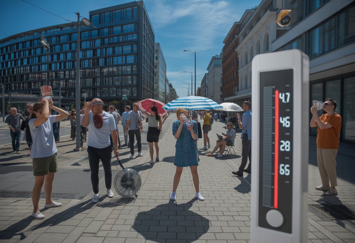 Menschen in einer deutschen Stadt leiden unter extremer Hitze an einem sonnigen Tag, einige suchen Schatten und trinken Wasser.