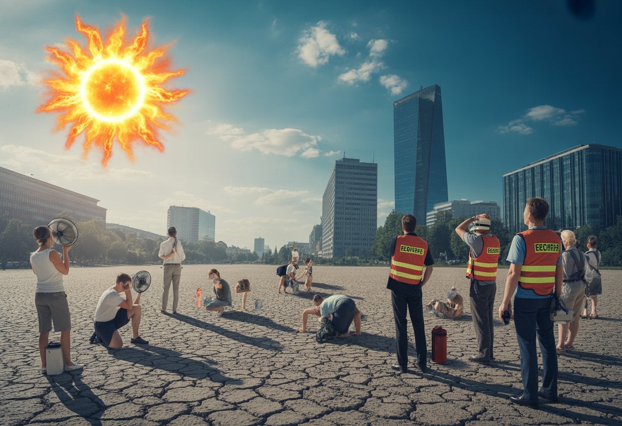 Menschen in einer deutschen Stadt suchen Schutz vor extremer Hitze an einem sonnigen Tag mit trockenem, rissigem Boden.