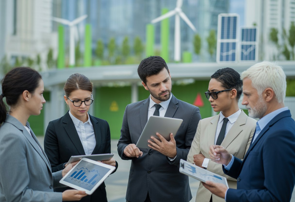 Geschäftsleute diskutieren vor einer Stadt mit Windrädern und Solarpanelen, die eine schrumpfende Umweltwirtschaft symbolisiert.
