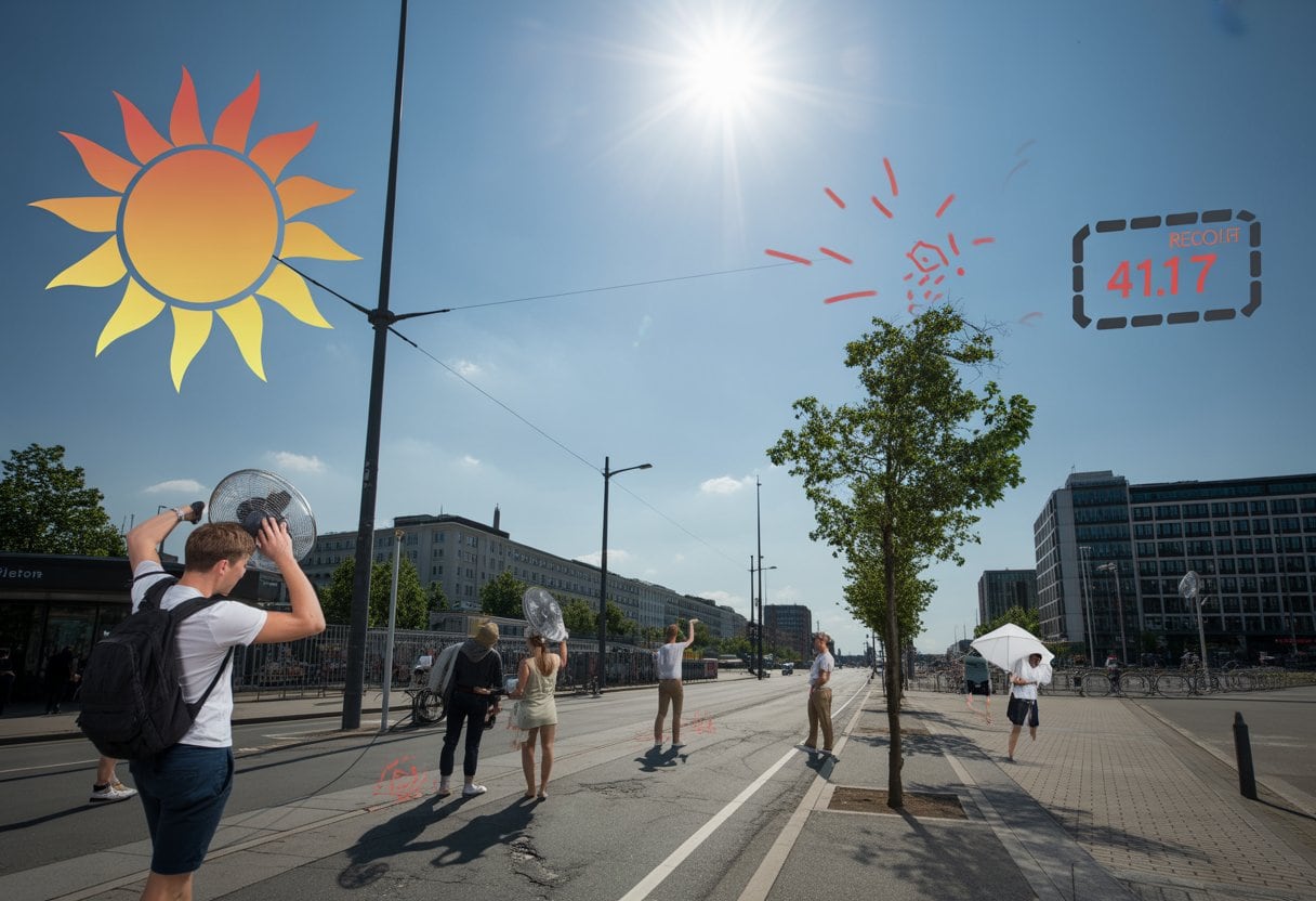 Städtische Straßenszene in Deutschland bei extremer Hitze mit Menschen, die Schatten suchen und einem digitalen Thermometer, das 41,7 Grad anzeigt.