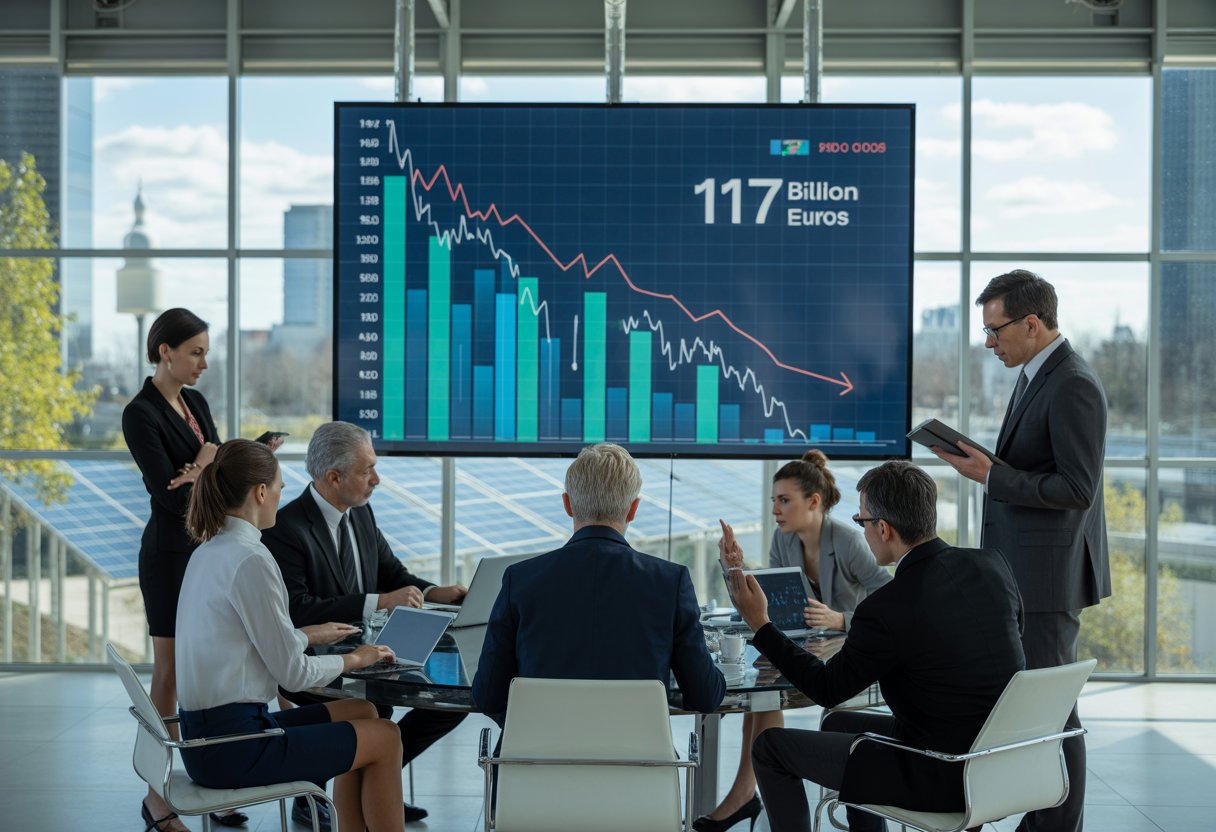 Geschäftsleute in einem Büro analysieren Finanzdiagramme mit abnehmenden Werten auf Bildschirmen, im Hintergrund sind grüne Stadtlandschaftselemente sichtbar.