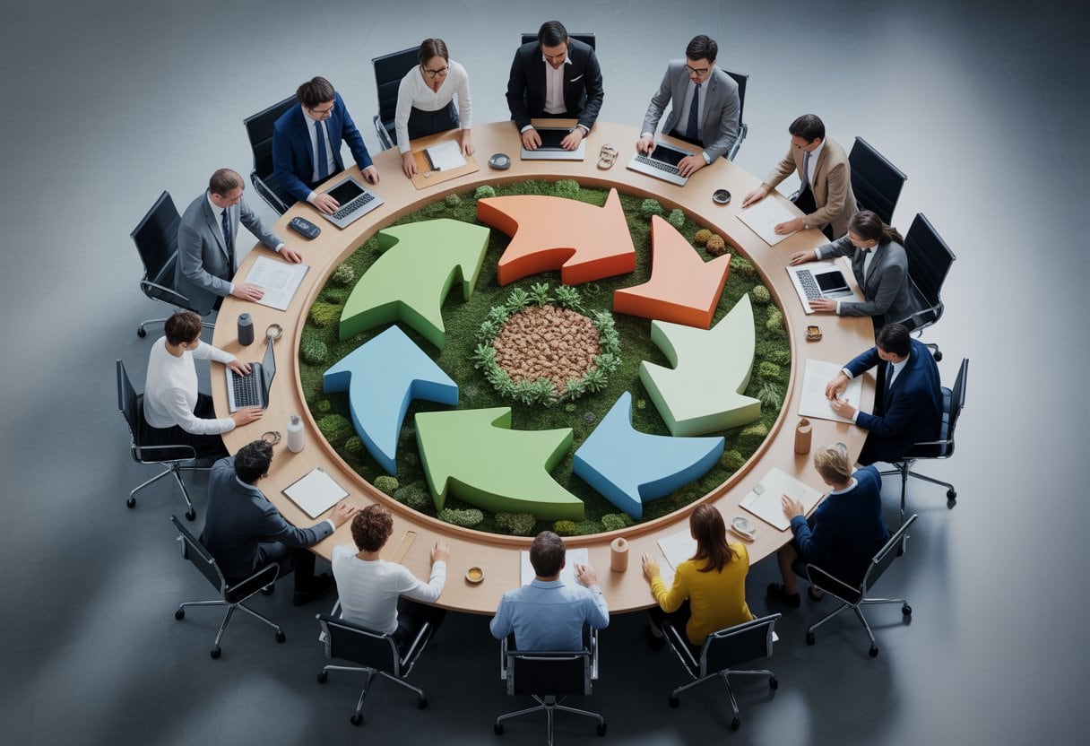 Ein diverses Unternehmensteam plant an einem runden Tisch einen geschlossenen Kreislauf für wiederverwendbare Materialien und Produkte.