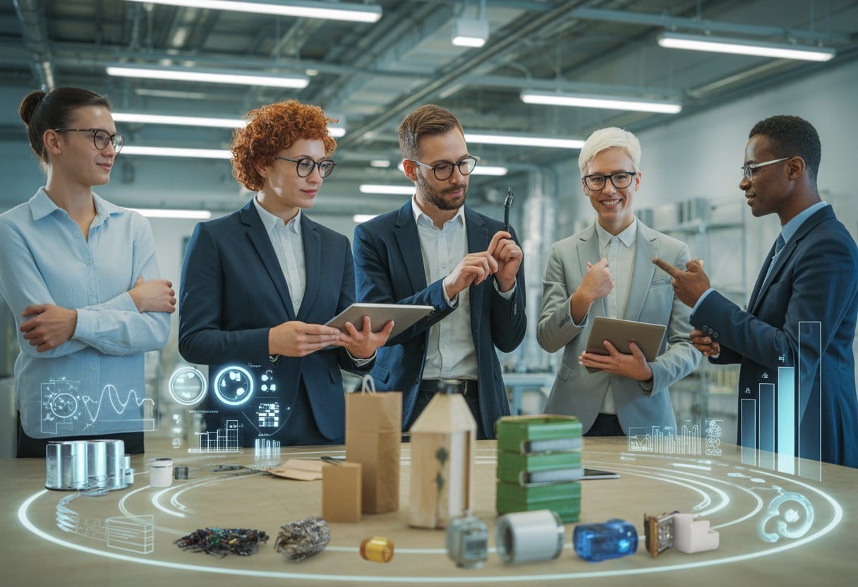Fachleute betrachten gemeinsam einen Kreislauf aus wiederverwendeten Materialien, Reparatur, Aufarbeitung und Recycling in einer modernen Industrieumgebung.