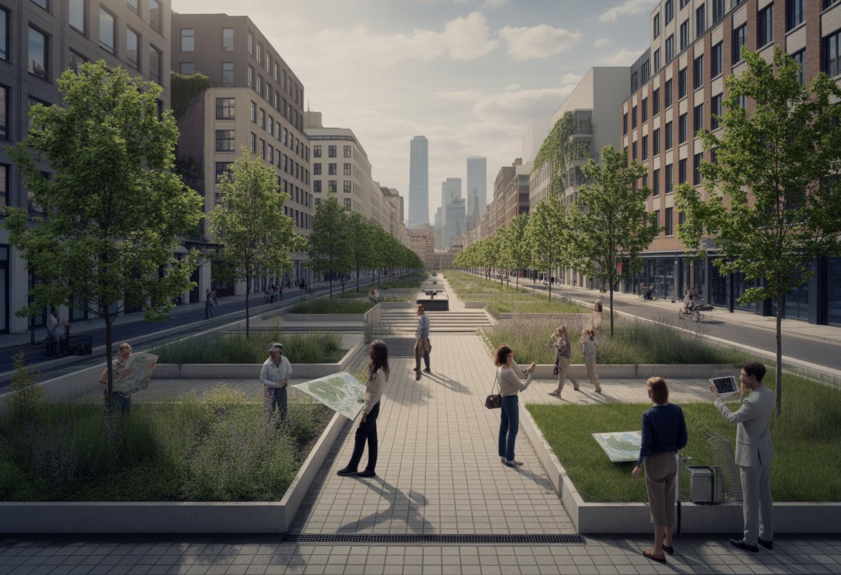 Menschen planen gemeinsam klimaresiliente Maßnahmen in einem begrünten urbanen Platz.