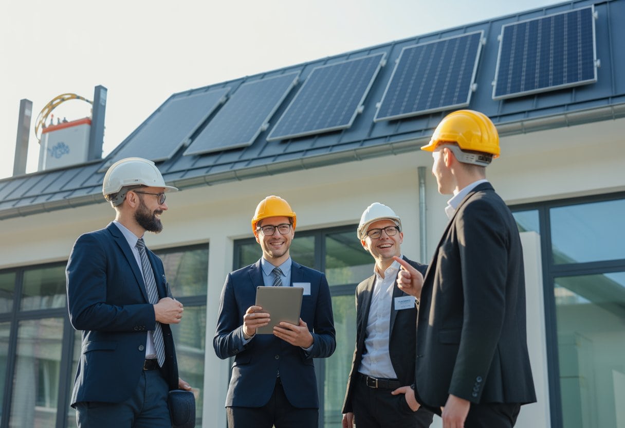 Geschäftsleute und Fachkräfte besprechen vor einem mittelständischen Betriebsgebäude mit Solaranlage und Batteriespeicher die Energiewende.