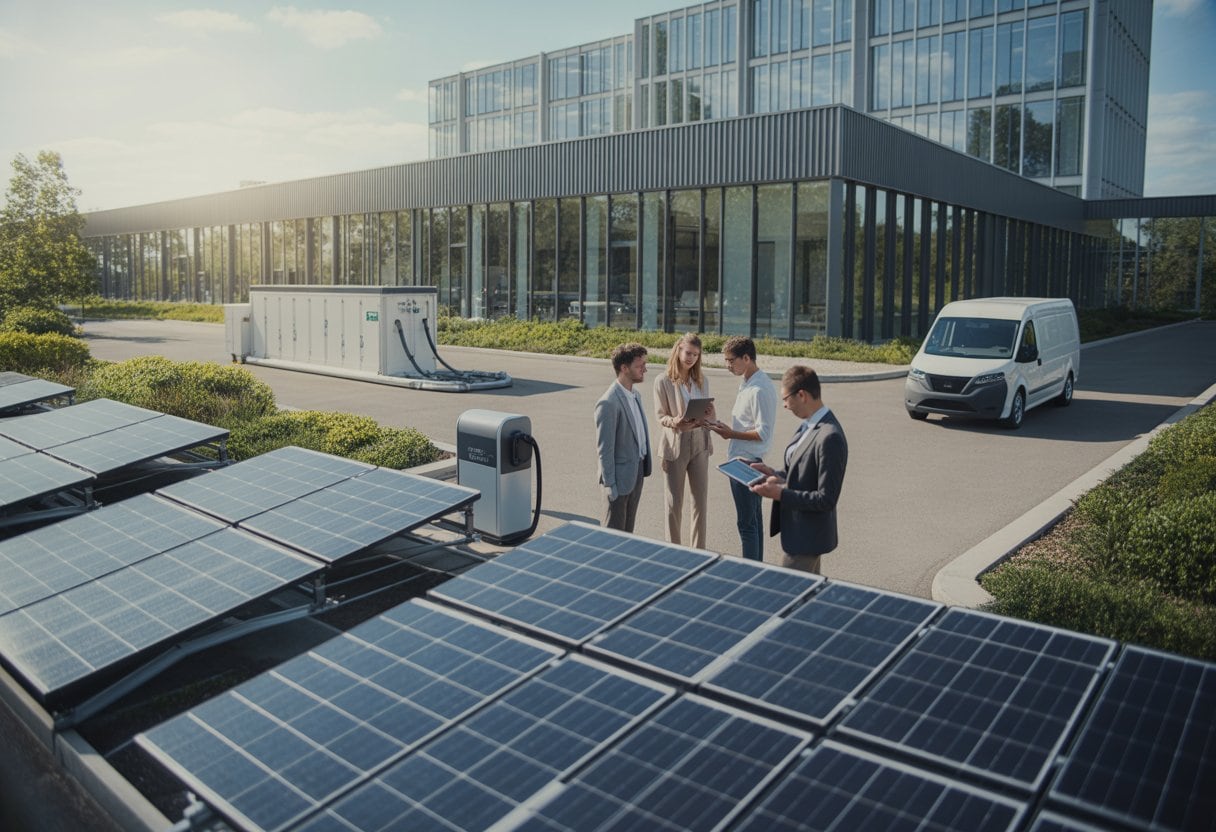 Mittelständisches Gewerbegebäude mit Solaranlage, Batteriespeicher und Fachleuten bei der Planung.