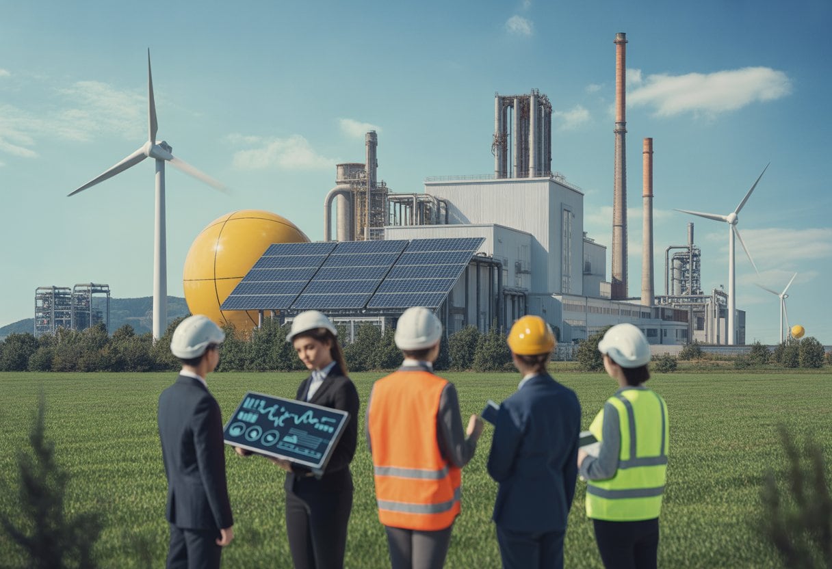 Ingenieurinnen und Ingenieure besprechen vor einer modernen Industrieanlage Maßnahmen für eine klimafreundliche Produktion.