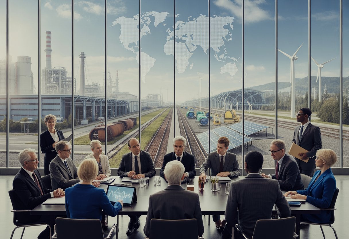 Internationale Fachleute beraten in einem modernen Konferenzraum über klimafreundliche Industrie, während draußen Windräder, Solaranlagen und Fabriken zu sehen sind.