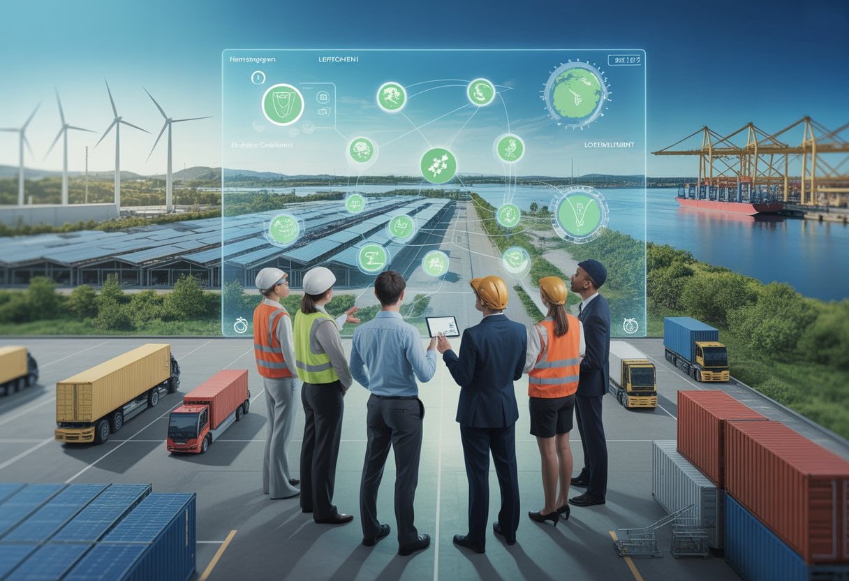 Ein Team analysiert in einer nachhaltigen Logistikumgebung eine digitale Lieferkettenübersicht.