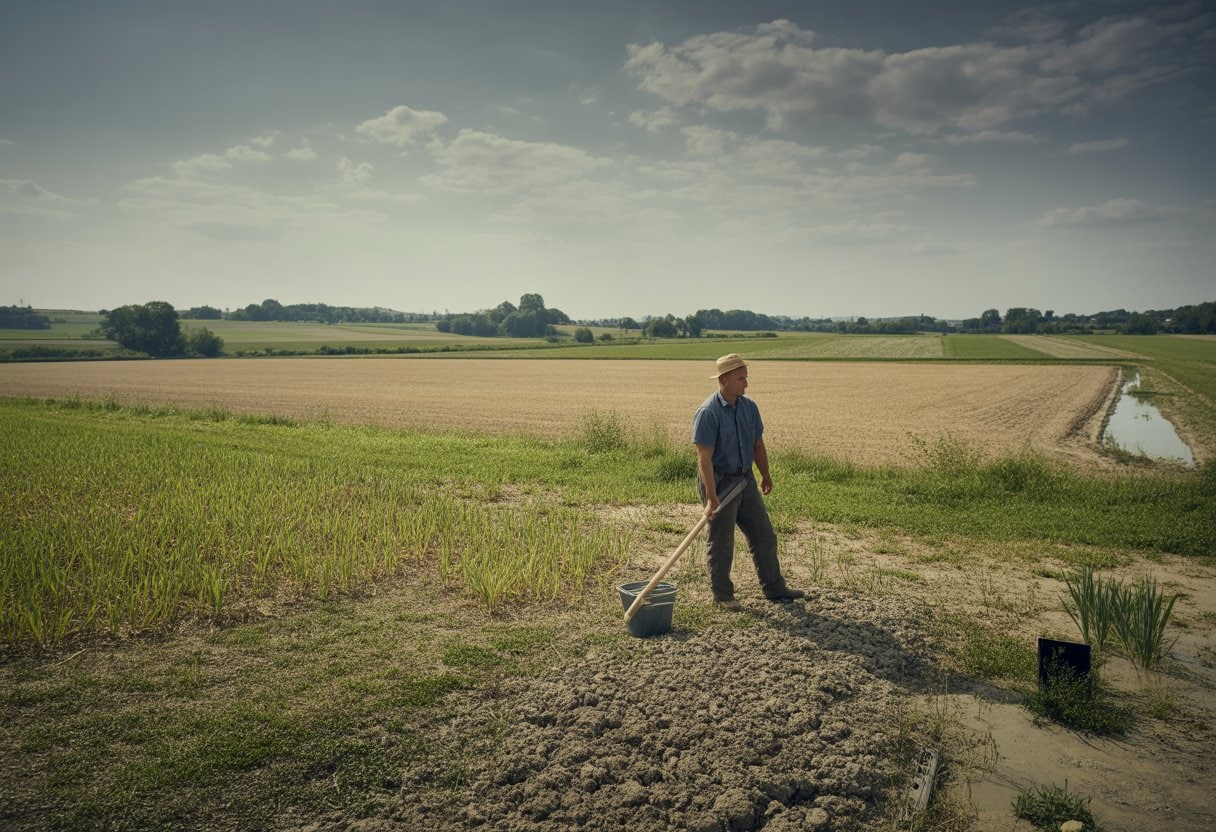 Ein Landwirt begutachtet ein trockenes Feld mit rissigem Boden und vertrockneten Pflanzen neben einem fast ausgetrockneten Bewässerungskanal.
