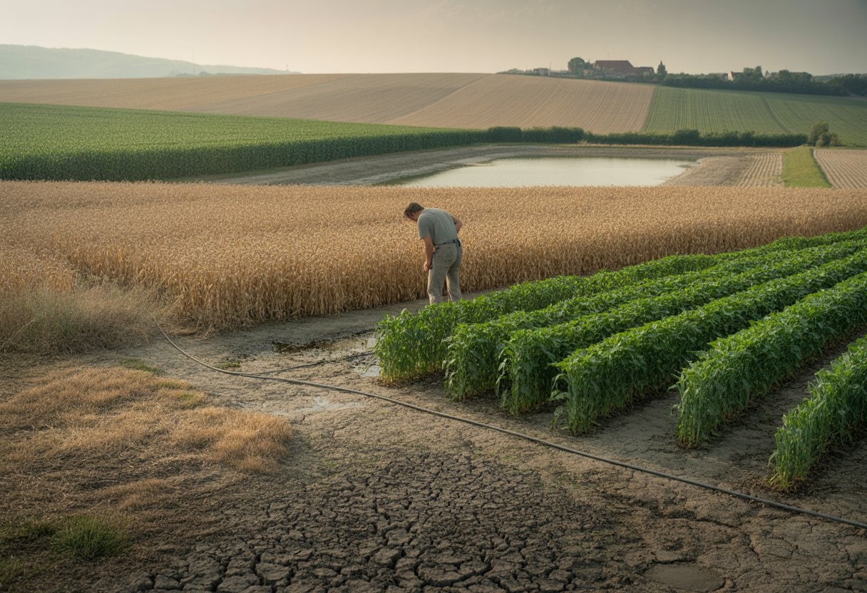 Ein Landwirt untersucht trockenen, rissigen Boden auf einem von Dürre betroffenen Feld mit niedrigem Wasserstand im Hintergrund.