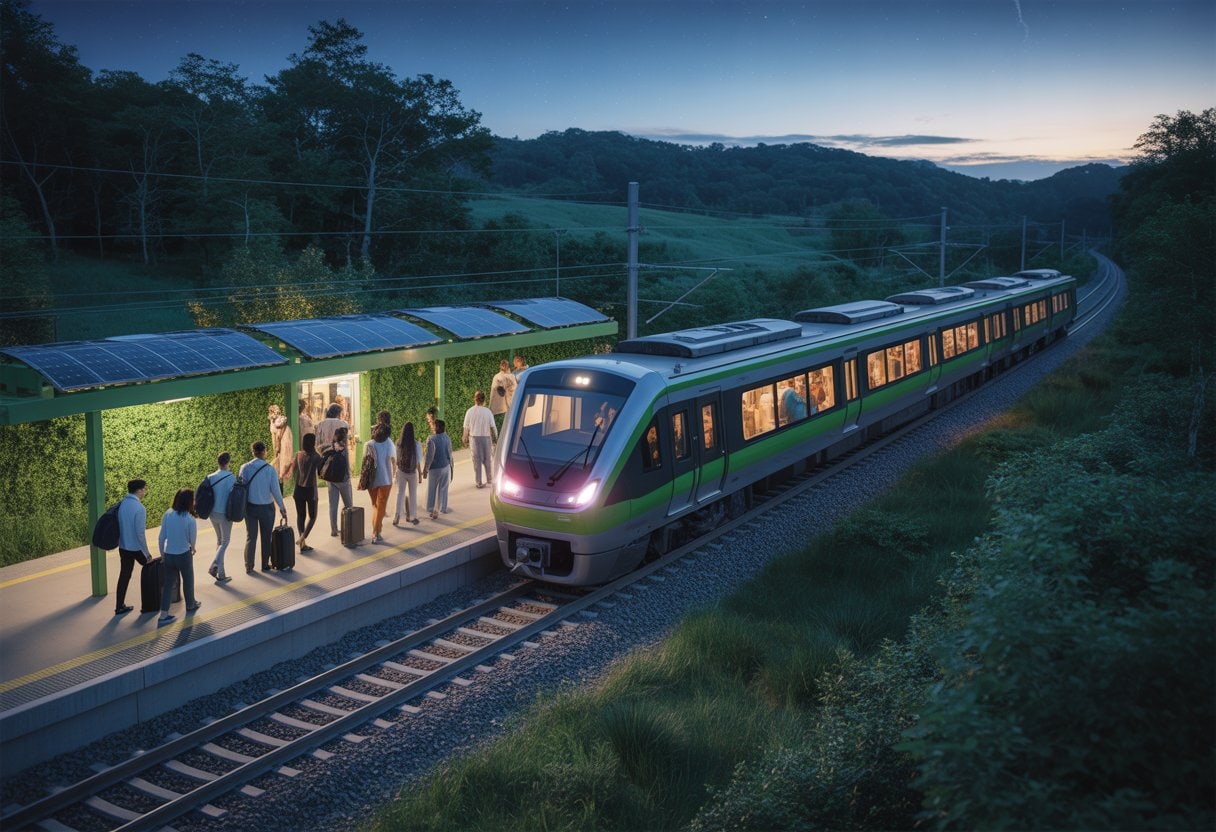 Ein moderner Nachtzug fährt durch eine grüne Landschaft bei Sonnenuntergang, während Reisende an einem umweltfreundlichen Bahnhof einsteigen.