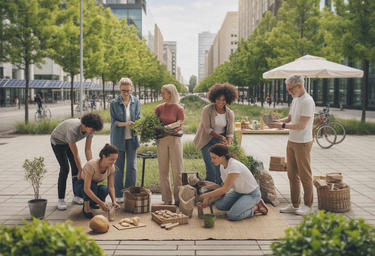 Menschen verschiedener Altersgruppen arbeiten gemeinsam in einem Park, pflanzen Bäume, teilen Essen und tauschen Waren auf einem Markt.