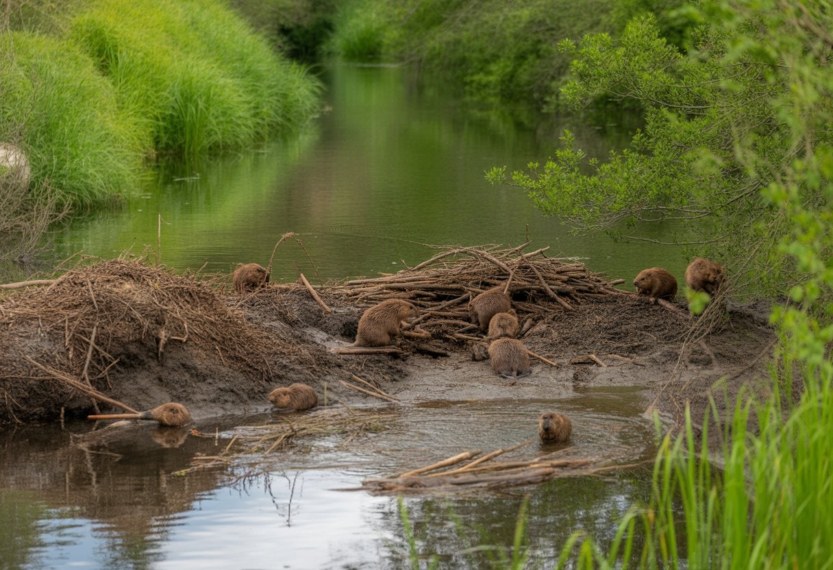 Ein Fluss mit einem Biberdamm in einem grünen Wald, mehrere Biber bauen am Damm und umgeben von Pflanzen.