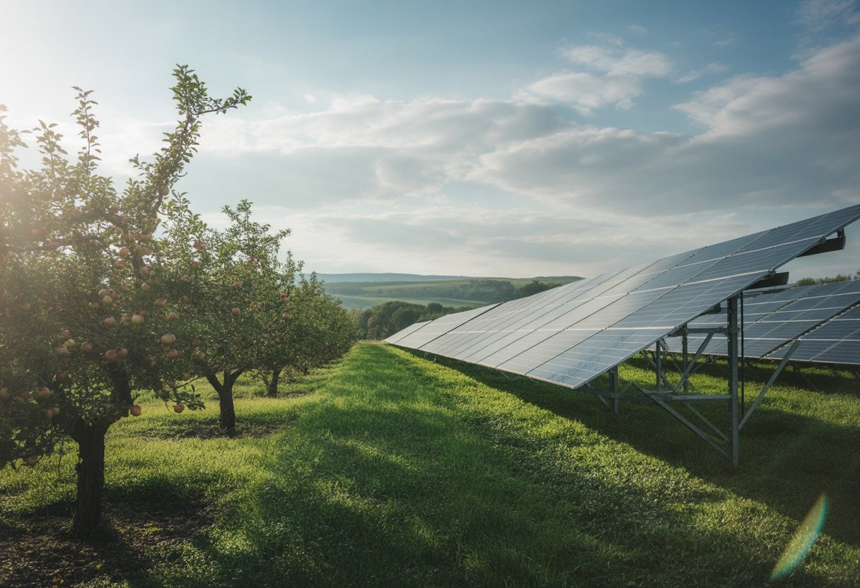 Streuobstwiese mit Obstbäumen und darüber installierten Solarpaneelen in ländlicher Umgebung.