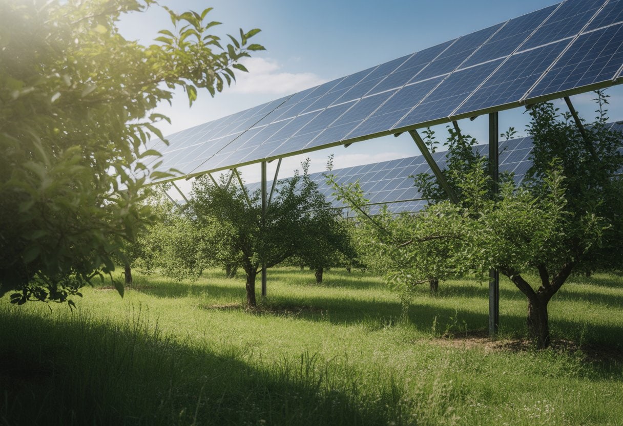 Obstwiese mit Apfelbäumen und darüber angeordneten Solarpaneelen unter blauem Himmel.