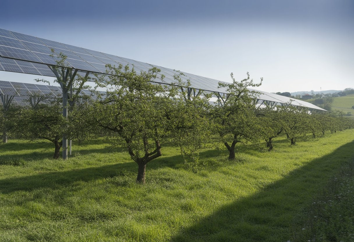 Streuobstwiese mit Obstbäumen und darüber installierten Solarpanelen auf erhöhten Gestellen unter blauem Himmel.
