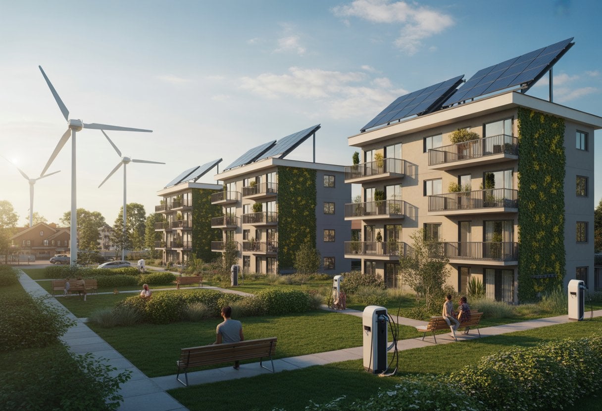 Moderne Wohnanlage mit Solarpaneelen auf den Dächern, begrünten Wänden, Gärten und Windturbinen im Hintergrund.