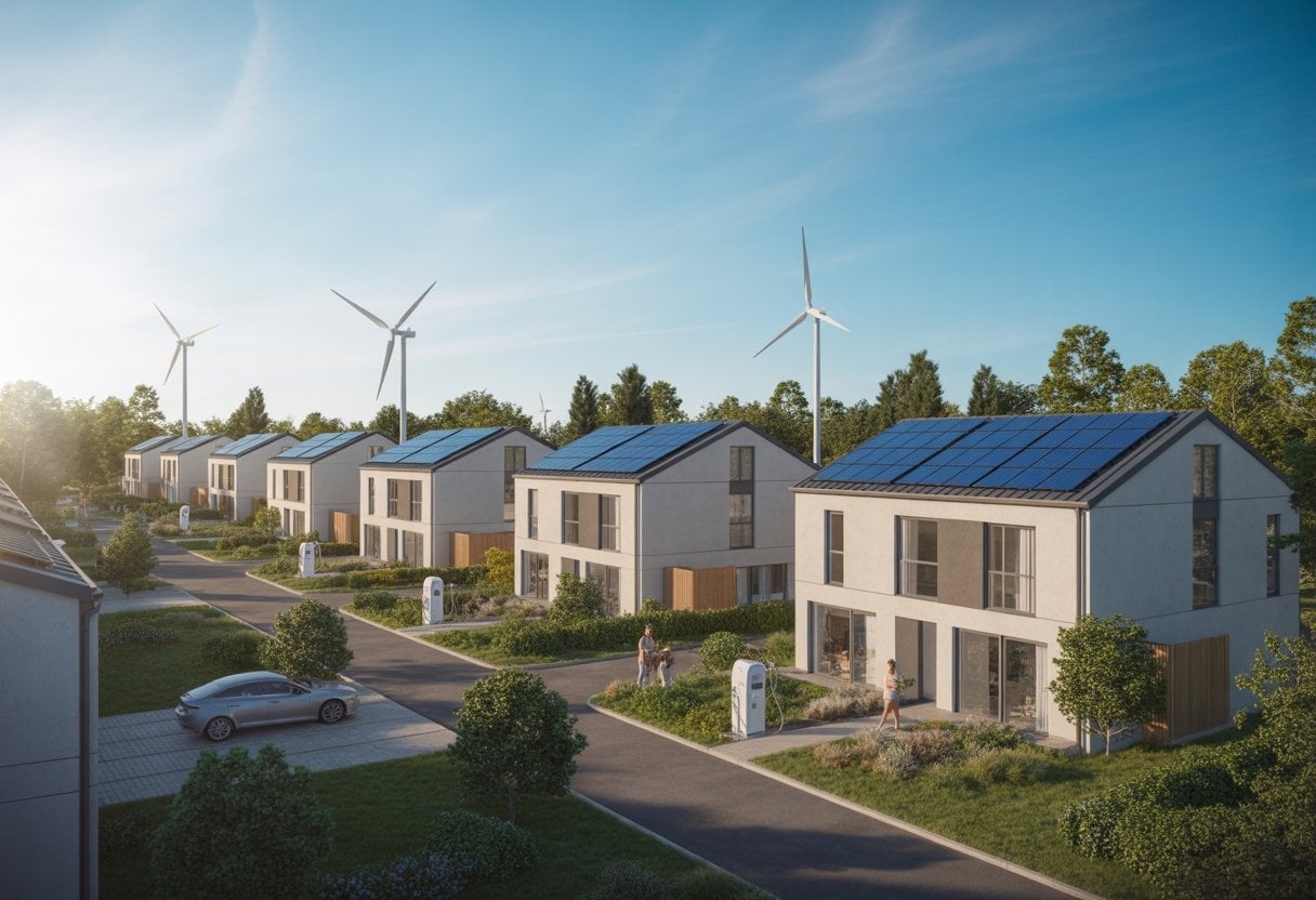 Moderne Wohnanlage mit Solarpaneelen auf den Dächern, Windturbinen im Hintergrund und Menschen, die im Grünen spazieren und gärtnern.