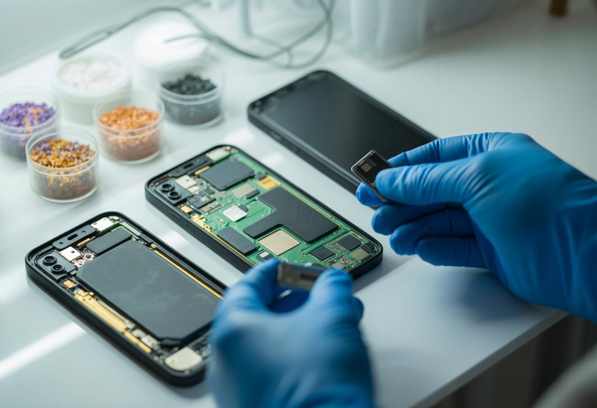 Hände mit blauen Handschuhen, die elektronische Bauteile von zerlegten Smartphones auf einem weißen Arbeitstisch bearbeiten, mit kleinen Behältern voller metallischer Fragmente im Hintergrund.