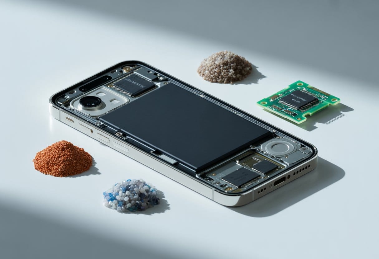 Nahaufnahme eines Smartphones mit sichtbaren inneren Komponenten, umgeben von seltenen Erden und recycelten Leiterplatten.