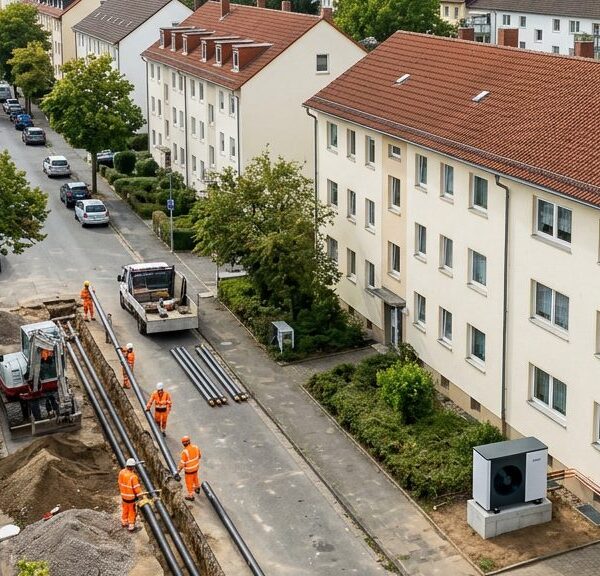 Luftaufnahme eines deutschen Stadtviertels mit Baustelle für Fernwärmeleitungen und einer Wärmepumpe an einem Wohngebäude