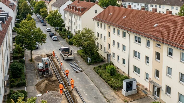 Luftaufnahme eines deutschen Stadtviertels mit Baustelle für Fernwärmeleitungen und einer Wärmepumpe an einem Wohngebäude