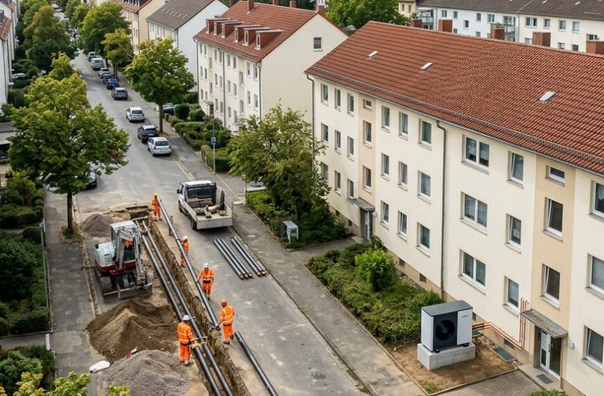 Luftaufnahme eines deutschen Stadtviertels mit Baustelle für Fernwärmeleitungen und einer Wärmepumpe an einem Wohngebäude