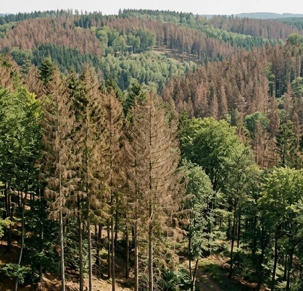 Mischwald in Deutschland mit teils verlichteten Kronen und abgestorbenen Fichtenbeständen