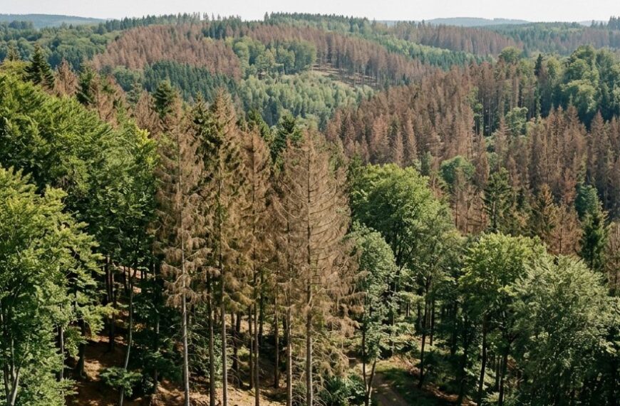 Mischwald in Deutschland mit teils verlichteten Kronen und abgestorbenen Fichtenbeständen