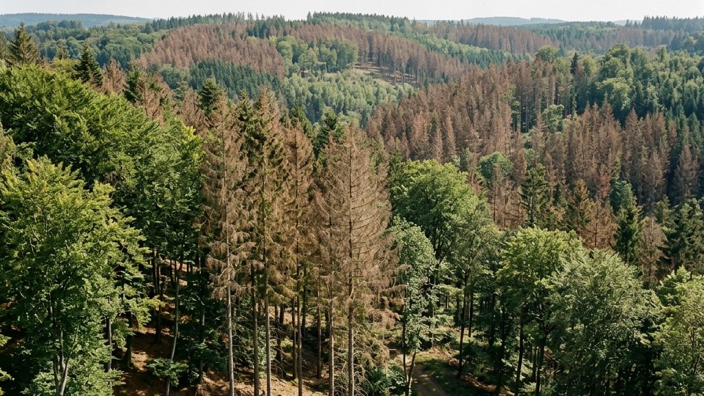 Mischwald in Deutschland mit teils verlichteten Kronen und abgestorbenen Fichtenbeständen