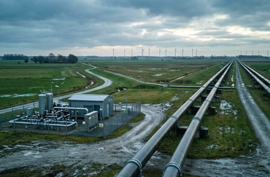 Umgestellte Erdgas-Pipeline-Trasse mit Verdichterstation in norddeutscher Landschaft – Teil des Wasserstoff-Kernnetzes