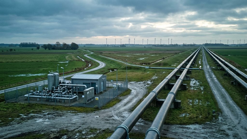 Umgestellte Erdgas-Pipeline-Trasse mit Verdichterstation in norddeutscher Landschaft – Teil des Wasserstoff-Kernnetzes